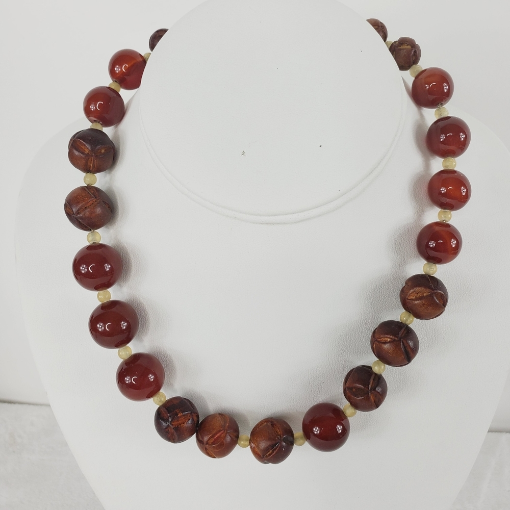 Monet Vintage Wood Amber Tone Beaded Necklace